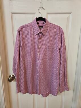Paul Stuart Men’s Large Pink White Check 100% Cotton Shirt Made in Canada